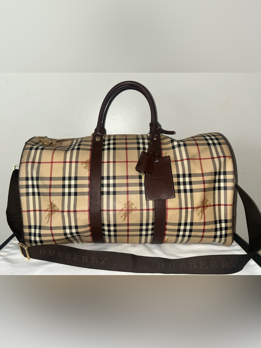 BURBERRY Haymarket Check Coated Canvas Large Travel Duffle Bag Brown Beige